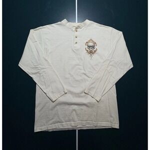 Vintage Harley Davidson Henley Long Sleeve Shirt Mens Large Skull Flames Y2K USA